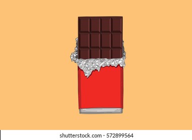 Dark chocolate bar vector illustration with red pack and silver paper