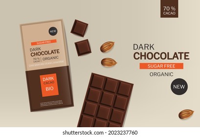 Dark chocolate bar vector realistic. Product placement design package mock up. Delicious pieces of chocolate. Template label banner advertise