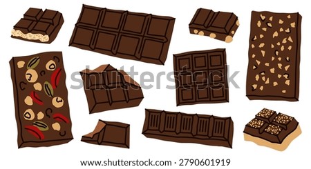 Dark chocolate bars and broken pieces set. Hand drawn cocoa treats featuring whole bars and chunks with nuts, fruits and puffed rice for rich dessert and chocolate factory branding design