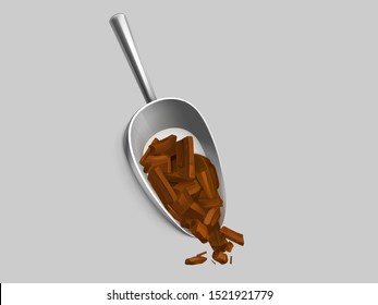 Dark chocolate broken bar in scoop top view isolated on grey background. Black bitter choco blocks pieces in metal spoon for melting or pastry decoration cacao dessert Realistic 3d vector illustration