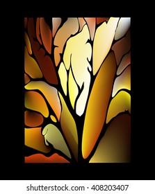 Dark chocolate brown background stained glass window with fantastic leaves
