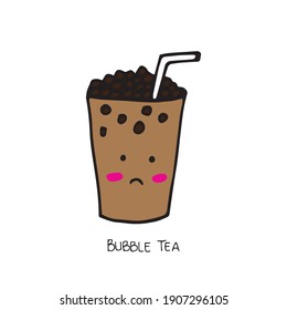 Dark Chocolate Bubble Tea, featuring Tapioca Pearls. A Cup of Rich, Decadent Flavor with a Straw and Playful Face Illustration. Perfect for Beverage Menus, Food Blogs, and Delicious Print Design