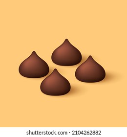 Dark chocolate chip 3d style. Dark chocolate chip vector on yellow background.