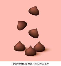 Dark chocolate chip 3d style. Dark chocolate chip vector on pink background. Chocolate chips ingredient.