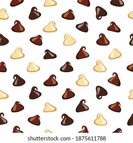 Dark chocolate chip,mlik chocolate chip and white chocolate chip isolated on white background.Chocolate chip background.