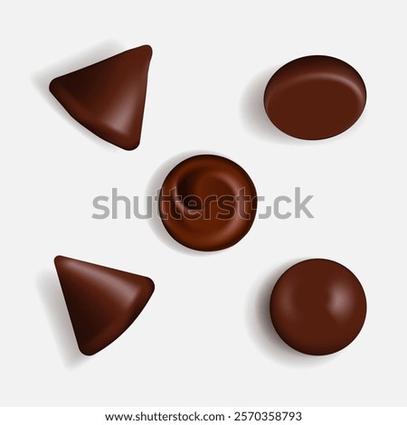 Dark chocolate chips and drops. Isolated vector objects set