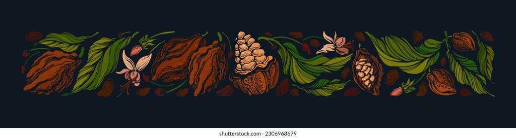 Dark chocolate. Cocoa banner. Vector texture beans, green leaves with fresh fruits. Art vintage illustration. Sweet superfood