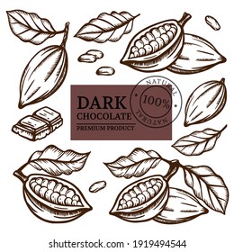 Jabones De Cacao OSCURO Y De Cacao De Teobroma Árbol Diseño Monocromo Sobre Fondo Blanco En Estilo Vintage Mano Dibujada Clip Art Vector Ilustración Set Para Impresión