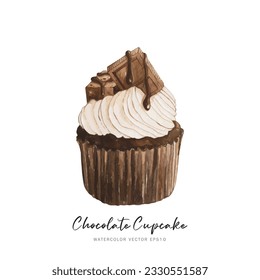 Dark chocolate cupcake dessert, watercolor food painting vector design isolated on white background