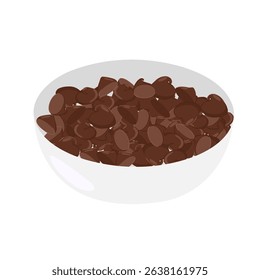 Dark chocolate drops in a ceramic bowl. Vector hand drawn cartoon food concept for dessert visuals, recipe graphics, bakery branding, packaging, menu illustrations
