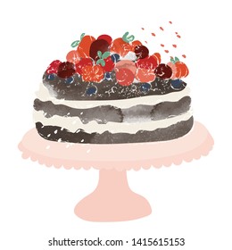  dark chocolate and forest fruit gateau cake. birthday or wedding cake watercolor hand drawn illustration.