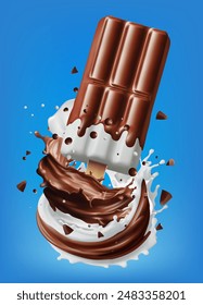 Dark chocolate ice cream popsicle  in a splash of milk on background. Realistic vector in 3D illustration Gradient Wes 