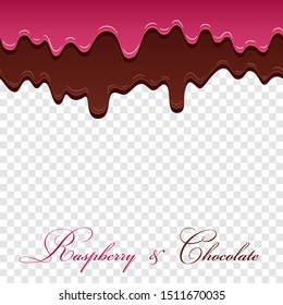 Dark chocolate, jam raspberry seamless pattern. Drip chocolate isolated white transparent background. Sweet melting cream. Dripping 3d design. Delicious dessert. Melted drop choco Vector illustration