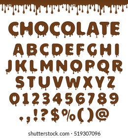 Dark Chocolate Latin Alphabet, Abc. Vector Font Type With Flow And Drop Of Melting Brown Chocolate Or Liquid. For Sweet Candy Or Cocoa Dessert Packaging Design. Numbers And Symbols Isolated On White