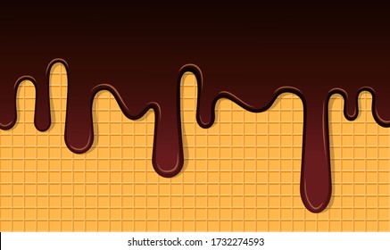 Dark Chocolate Melted on Wafer Background. Vector Illustration. Tasty liquid cream on waffle layout.