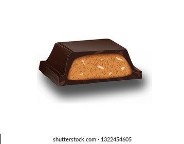 Dark chocolate piece with filling. 3d realistic vector icon. 