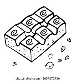Dark chocolate pieces, chocolate bar, vector illustration on transparent backgrounds Coloring page or book adult and kids.