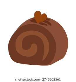 Dark chocolate roll cake with heart topping vector clipart isolated on white.