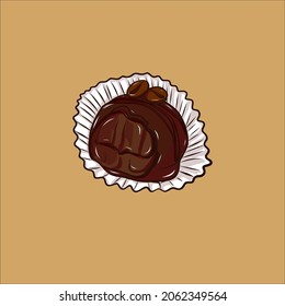 Dark chocolate round coffee truffle vector illustration on the beige background. Dark belgian truffle coffee beans chocolate isolated. Sweet luxury treat. Delicious truffle covered with chocolate.