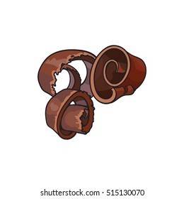 Dark chocolate shaving, curl, spiral for cake decoration, sketch style vector illustration isolated on white background. confectionary ingredient, hand drawn chocolate shaving