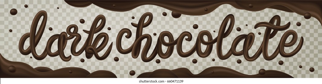 Dark Chocolate sign with border and drops. 3d realistic vector illustration.