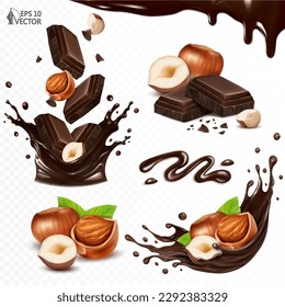 Dark chocolate slices and hazelnut chips falling into a chocolate splash. Set of realistic hazelnuts peeled and in shell. Liquid chocolate sauce. 3D vector food illustration