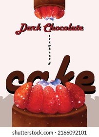 Dark chocolate strawberry cake watercolor vector template design great for cards, banners, headers, party posters or decorate your artwork.