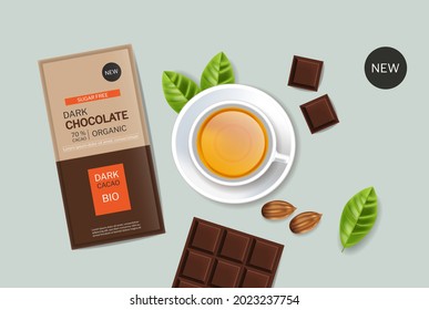 Dark chocolate and tea vector realistic. Product placement design package mock up. Delicious pieces of chocolate. Template label banner advertise