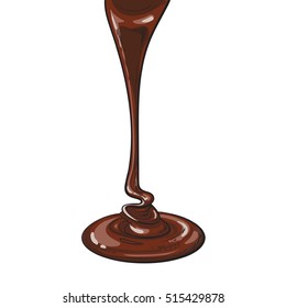 Dark chocolate topping flowing down, sketch style vector illustration isolated on white background. Melted chocolate flowing appetizingly, dipping sauce, creamy dessert