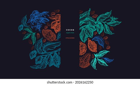 Dark chocolate. Vector vintage engraving. Hand drawn texture set of chocolate plant, raw fruit. Art sketch style. Vector illustration on black background.