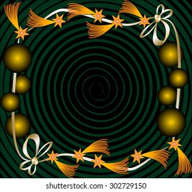 Dark Christmas background with bright comets and balls in a ribbon frame, place for own text - greeting, invitation. EPS 10 vector