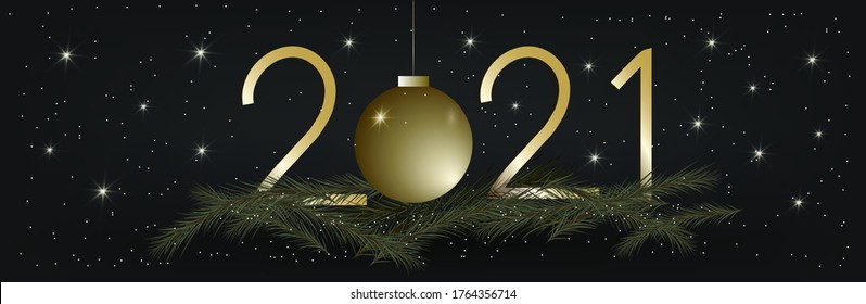 Dark Christmas background with golden numbers 2021. Christmas tree branches, snow and stars shine. Happy new year. Vector illustration