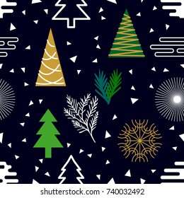 Dark Christmas background. Seamless vector pattern with decorated fir trees, snowflakes and abstract geometric elements. Simple design for packaging, cards and textile.