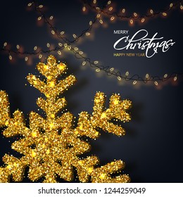 Dark Christmas background with shining gold snowflakes and yellow garlands. Vector illustration.
