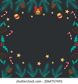 Fondo de Navidad oscuro, árbol de Navidad con decoraciones, juguetes y regalos, fondo blanco debajo del texto - Ilustración vectorial