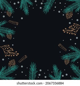 Dark Christmas background, Christmas tree with decorations, toys and gifts, white background under the text - Vector illustration