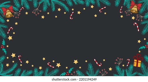 Dark Christmas background, Christmas tree with decorations, toys and gifts, white background under the text - Vector illustration