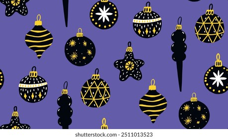 Dark Christmas decorations pattern, ball and baubles on blue backhground, seamless texture for wrapping paper.