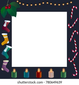Dark Christmas frame with candies, stockings, candles, lights and mistletoe