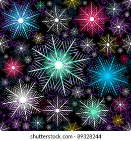 Dark christmas pattern with colorful snowflakes (vector)