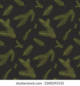 Dark Christmas pattern, pine branches texture on black background, natural gift wrapping paper backdrop.