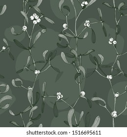 Dark Christmas seamless pattern with mistletoe plant and brush strokes hand drawn botany illustration