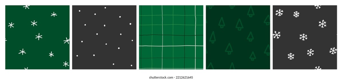 Dark Christmas seamless pattern set. Green and black background collection with cozy gingham blanket, spot and snowflake graphic. Scandi, minimal vector design for fabric or wrapping.