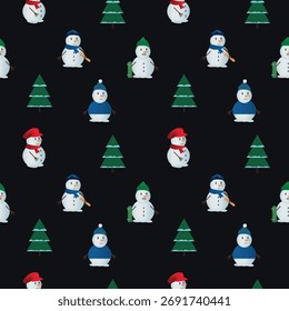 Padrão sem costura de Natal escuro com bonecos de neve e pinheiros, fundo de inverno festivo
