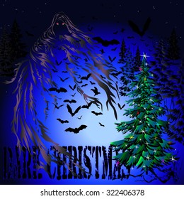 Dark Christmas Tree and Bats. Vector image in abstract art style, done in a slightly psychedelic manner