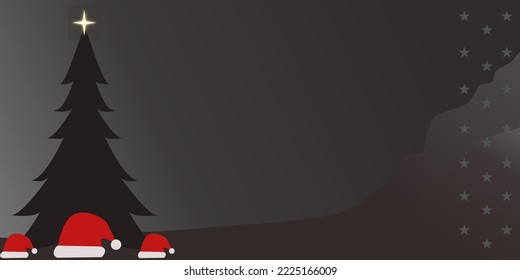 Dark christmas tree, grey background, with red white santa hats and stars. Concept of Christmas in the midle of war, pandemica and tragic situations in the world.