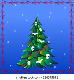 Dark Christmas Tree with Human Skulls, Bats and words I Hate Christmas. Vector image in abstract art style, done in a slightly psychedelic manner