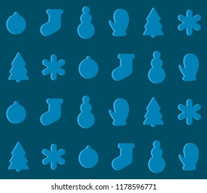 Dark christmas vector seamless pattern with winter trees, balls, snowmen and mittens. Design for wrapping paper, sites, banners.
