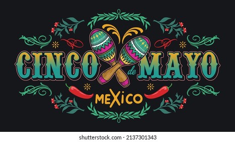 Dark Cinco de Mayo horizontal banner with pair of maracas surrounded by green twigs, flowers, curl elements and chili peppers, vector illustration