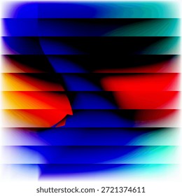 Un fondo abstracto oscuro y cinematográfico con Formas fluidas de color azul intenso y rojo ardiente. El diseño está segmentado por barras negras Horizontales, lo que le da un efecto de obturación futurista, de alta tecnología o distorsión digital.